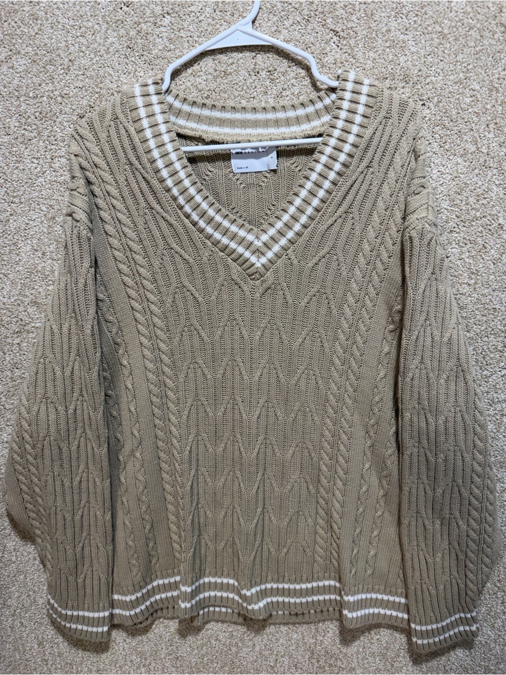 ASOS cricket sweater cable knit varsity trim heritage neutral oversized small
